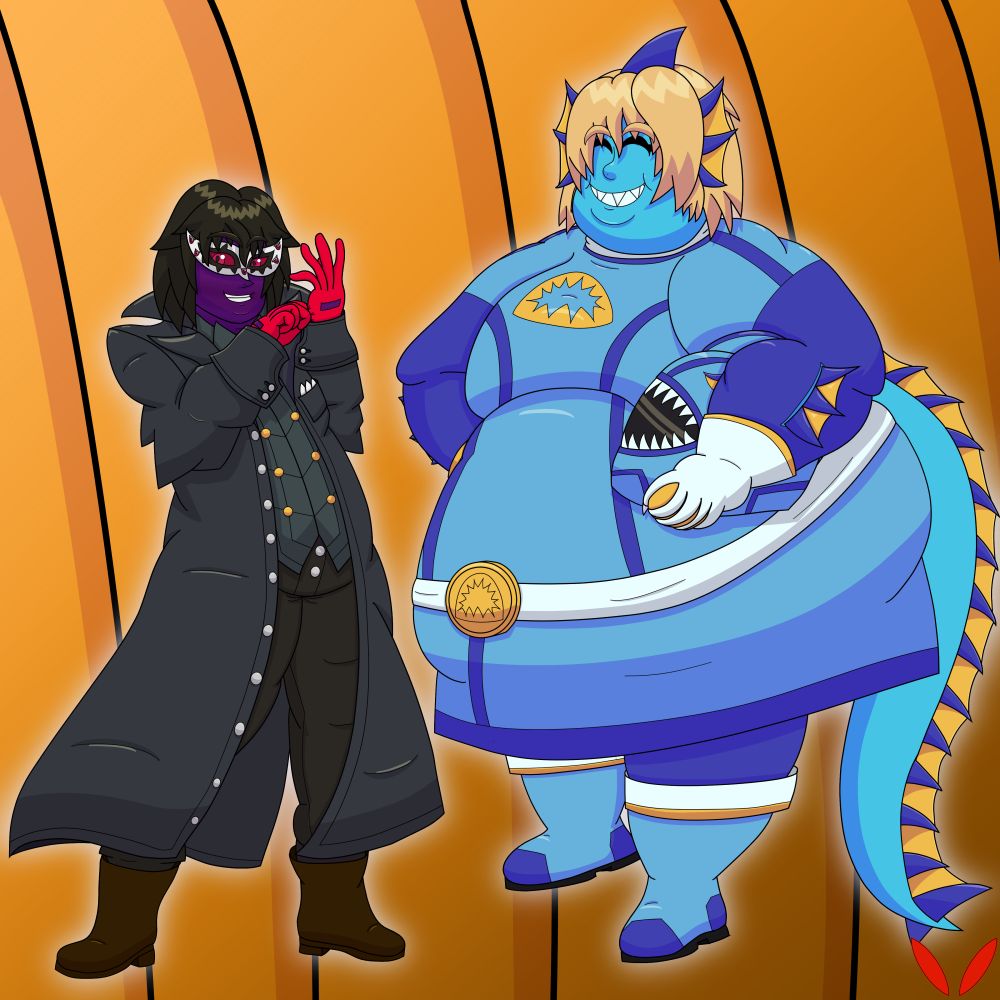 A chubby shadow elemental with purple, shadowy skin and black hair is dressed like Joker from "Persona 5," striking the same pose. A plus-sized half-shark/half-eel mergirl with blue skin, blonde hair, dark blue fins, and yellow webbing is dressed as a custom Power Rangers/Super Sentai, that is blue, white, and gold.