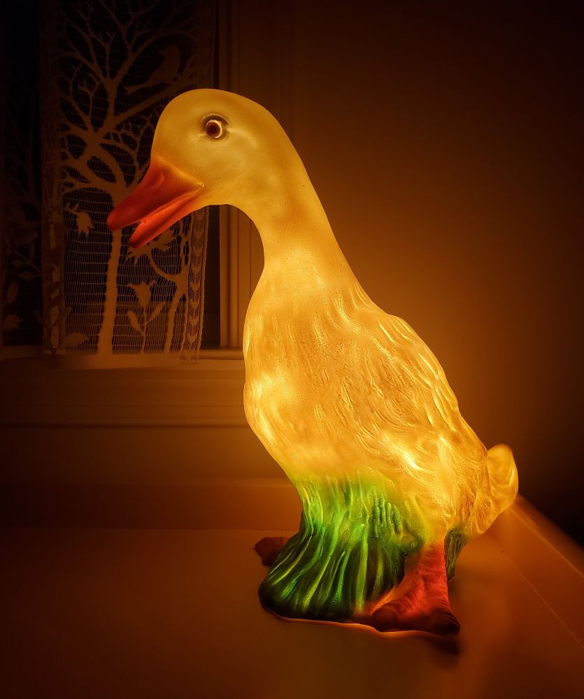 Picture of a glowing duck lamp on a yellow table against a white lace curtain. The duck is white with orange feet and orange bill. He is standing in a patch of green grass.