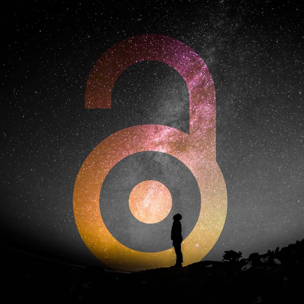 Die Abbildung zeigt die Silhouette eines Mannes, der im Dunklen in einen Sternenhimmel schaut. Vor dem Himmel ist das gelblich-rote Zeichen für Open Access - ein geöffnetes Schloss - abgebildet (Quelle: International Open Access Week, CC BY 4.0 International)