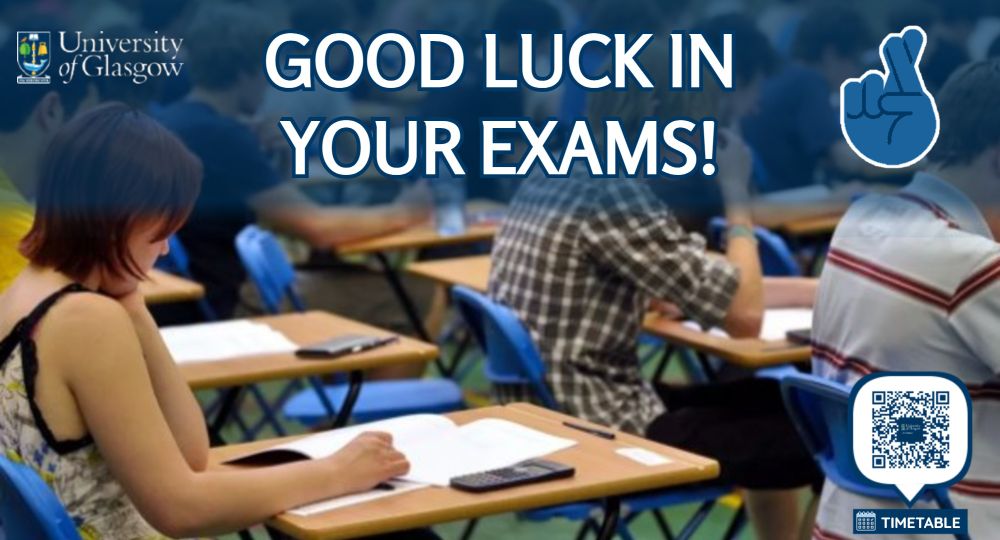 A graphic with the message wishing student good luck in their exams, set against an image of students take exams at desk in an exam hall.