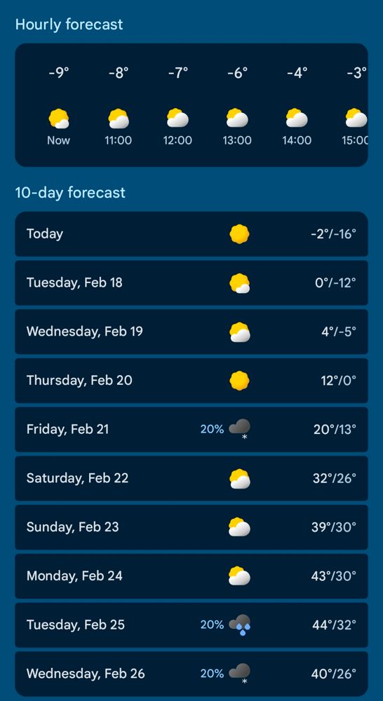Weather forecast. Hourly forecast shows it's -9F right now. Temperatures slowly increase over the next few days, then quickly increase, to highs in the 40s F next week