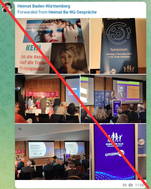 Zu sehen ist ein Screenshot aus einem Kanal der Neonazipartei "Die Heimat". In diesem Beitrag sind mehrere Fotos zu sehen, die im Saal des Symposiums aufgenommen worden bzw. das Symposium vor Ort ankündigen. In einem internen Kanal wird von der Veranstaltung als "interessant" und "inspirierend" gesprochen.