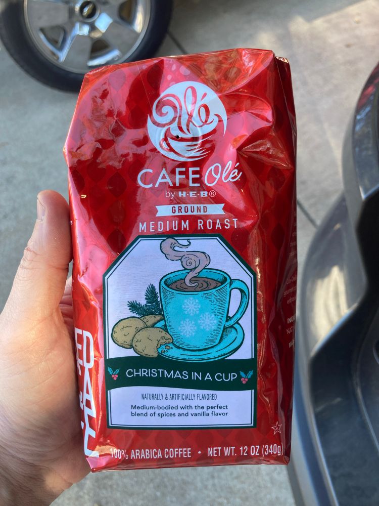 Red bag of HEB Christmas in a cup coffee