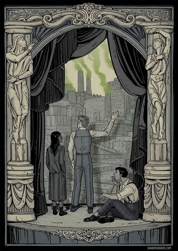 An illustration of three characters from the webcomic Shaderunners; Pamina, Ezra and Easton, standing on a small theatre stage framed by Greek-style columns with statues of the fictional Gods Zoll and Ara. The characters' backs are turned to us, and Ezra is gesturing toward an illustration of the city of Ironwell, which makes the "background" of the theatre stage. The illustration is largely monochrome, but the factories in the city's depiction emit green smoke.