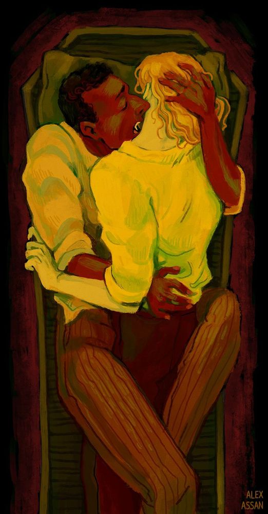 An illustration depicting Louis and Lestat from the TV show Interview With the Vampire. They are sharing a coffin, and Louis is about to bite into Lestat's neck.