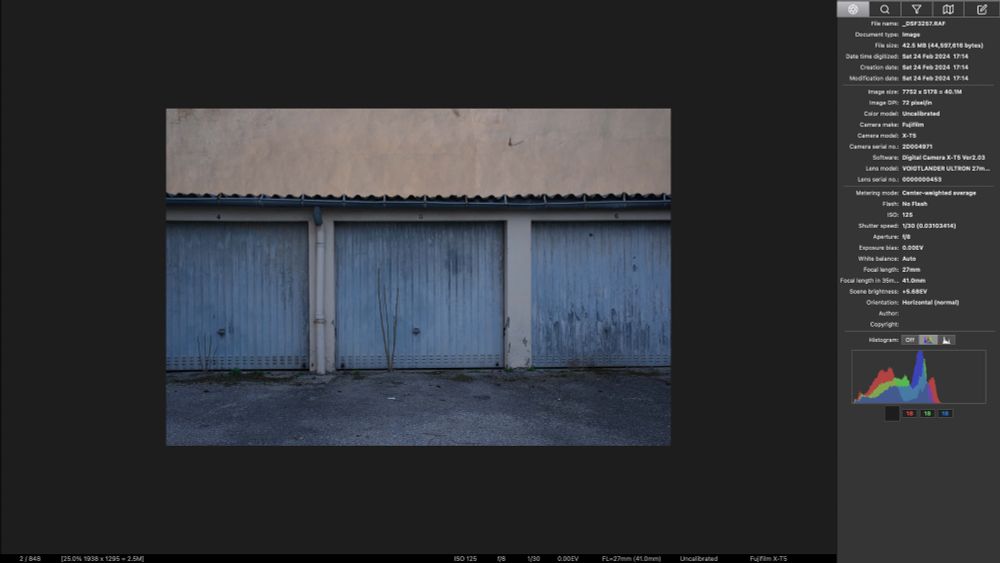 Screenshot of a photo viewer software with a sidebar on the right showing metadata for a 40 million pixels image. Most of the user interface is one dark gray display area taking up the left and middle parts of the UI, with one photograph displayed at the center. The image takes a bit more than half of the height and width of the viewing area, leaving ample dark gray margins around it. At the bottom, a status bar with more metadata shows that the image is displayed at a zoom level of 25%. The photograph itself shows an old garage building with the hint of a tiled roof and three metal doors painted pale blue. The blue paint is faded and flaking. In front of the center door, three stalks or branches have cracked the bitumen open and shoot up more than a meter high; they would probably stop anyone from opening that garage, suggesting that no-one has opened that door in a couple years or more. The top of the frame shows a tall wall behind the garage, painted beige or maybe a faded yellow.