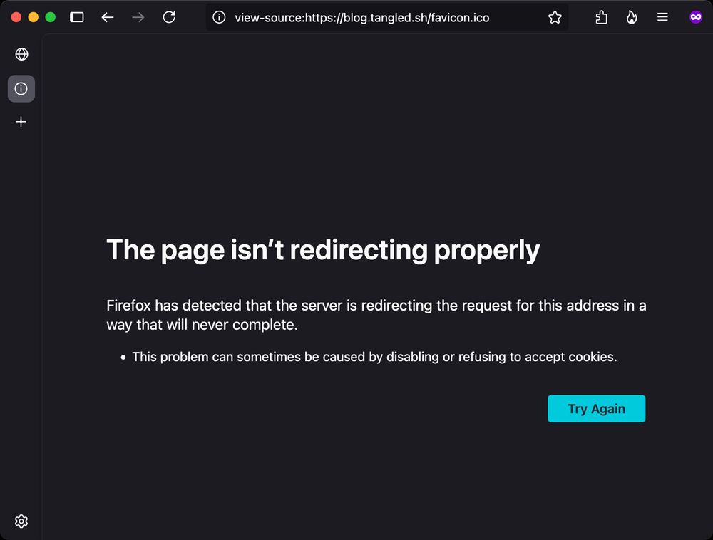 Screenshot of Firefox showing an error page with the title “This page isn’t redirecting properly” when requesting the /favicon.ico path.