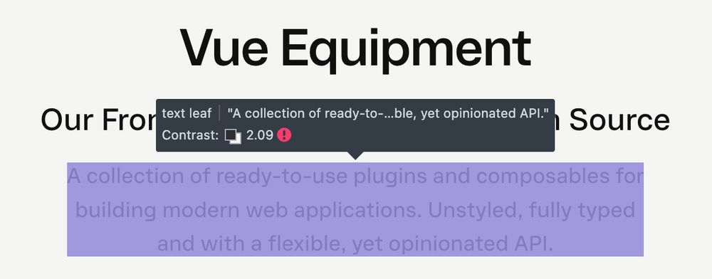Screenshot of gray-on-white text with devtools showing a 2.09:1 contrast ratio.