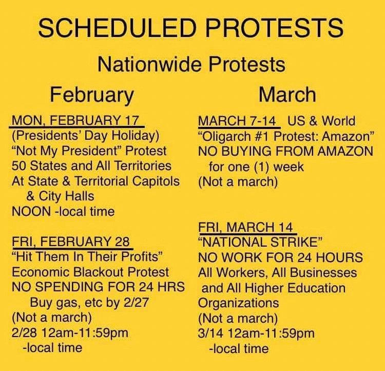 SCHEDULED PROTESTS
Nationwide Protests
February
March
MON, FEBRUARY 17
(Presidents' Day Holiday)
"Not My President" Protest
50 States and All Territories
MARCH 7-14 US & World
"Oligarch #1 Protest: Amazon"
NO BUYING FROM AMAZON
for one (1) week
At State & Territorial Capitols
& City Halls
NOON -local time
FRI, FEBRUARY 28
"Hit Them In Their Profits" Economic Blackout Protest
NO SPENDING FOR 24 HRS
Buy gas, etc by 2/27
(Not a march)
2/28 12am-11:59pm
-local time
(Not a march)
FRI, MARCH 14
"NATIONAL STRIKE"
NO WORK FOR 24 HOURS
All Workers, All Businesses and All Higher Education
Organizations
(Not a march)
3/14 12am-11:59pm
-local time