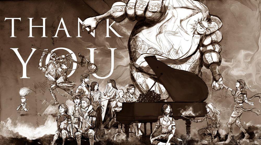 Clair Obscur thankyou screen from the end of the game.
Sepia toned drawing of all the characters gathered around a piano