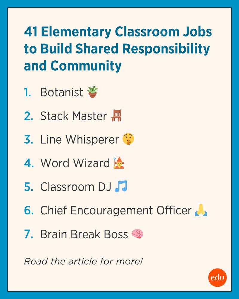 A few of the jobs: 1. Botanist 2. Stack Master 3. Line Whisperer 4. Word Wizard 5. Classroom DJ 6. Chief Encouragement Officer 7. Brain Break Boss. Read the article for more!