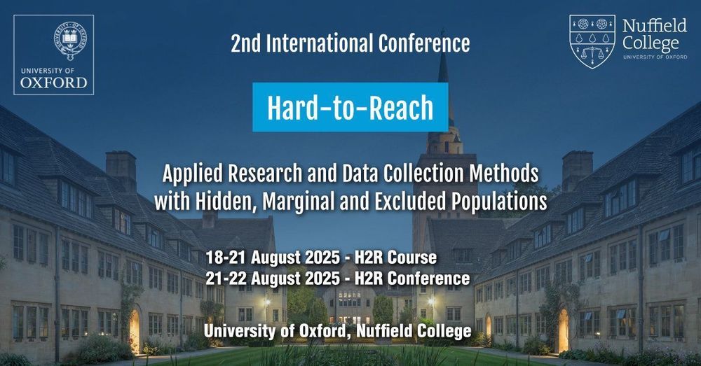 A picture of Nuffield College at twilight in the background, overlaid with text describing the 2nd International Conference on Applied Research and Data Collection Methods with Hidden, Marginal and Excluded Populations. The text 'Hard to Reach' is picked out in large type, and the dates of the conference are include: '18-21 August 2025 - H2R Course' and '21-22 August - H2R Conference'.