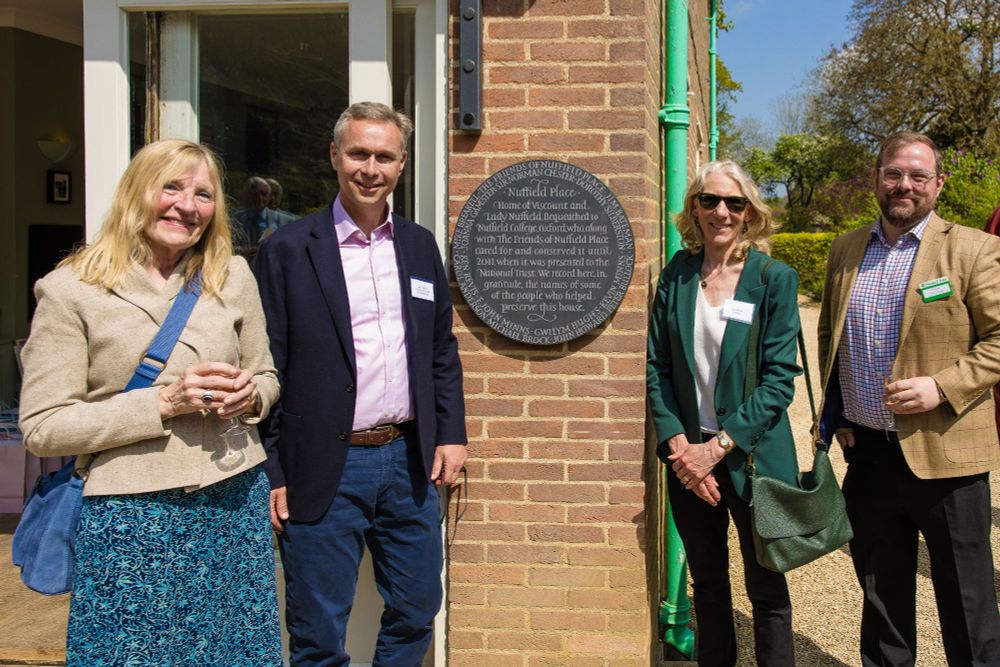 Joanna Gamester (former House Steward of Nuffield Place, Kevin Minns (Chair of the Friends of Nuffield Place), Julia Black (Warden of Nuffield College) and Sebastian Conway (the National Trust). Credit: Tom Weller. 
