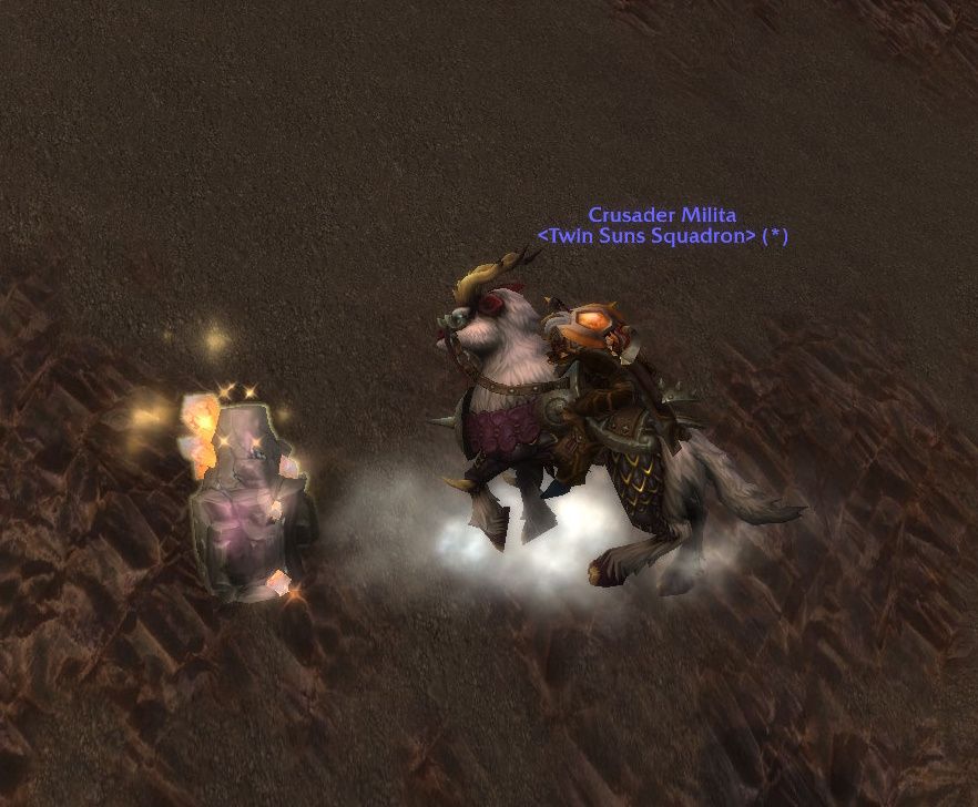 A female Draenei warrior hovering in the air on the back of a Swift Windsteed. She's bending down to loot some Mithril off the ground underneath her.