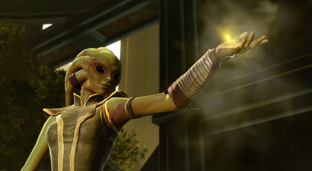Close-up of a female Nautolan Jedi with her left hand raised palm up and glowing