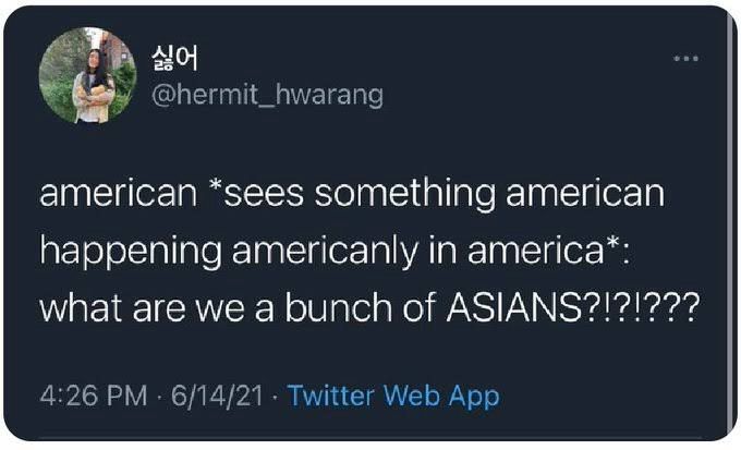 @hermit_hwarang
american *sees something american happening americanly in america*: what are we a bunch of ASIANS?!?!???
