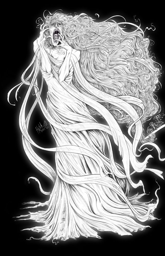 a black and white inked commission of a banshee