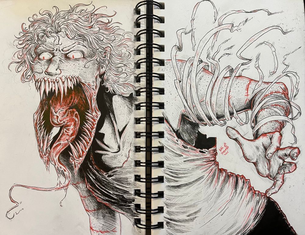 pen and ink drawing of my oc, Legion (that/it). its mandible is split down the middle and open, its mouth gaping and full of teeth, its long thick tongue whipping out 