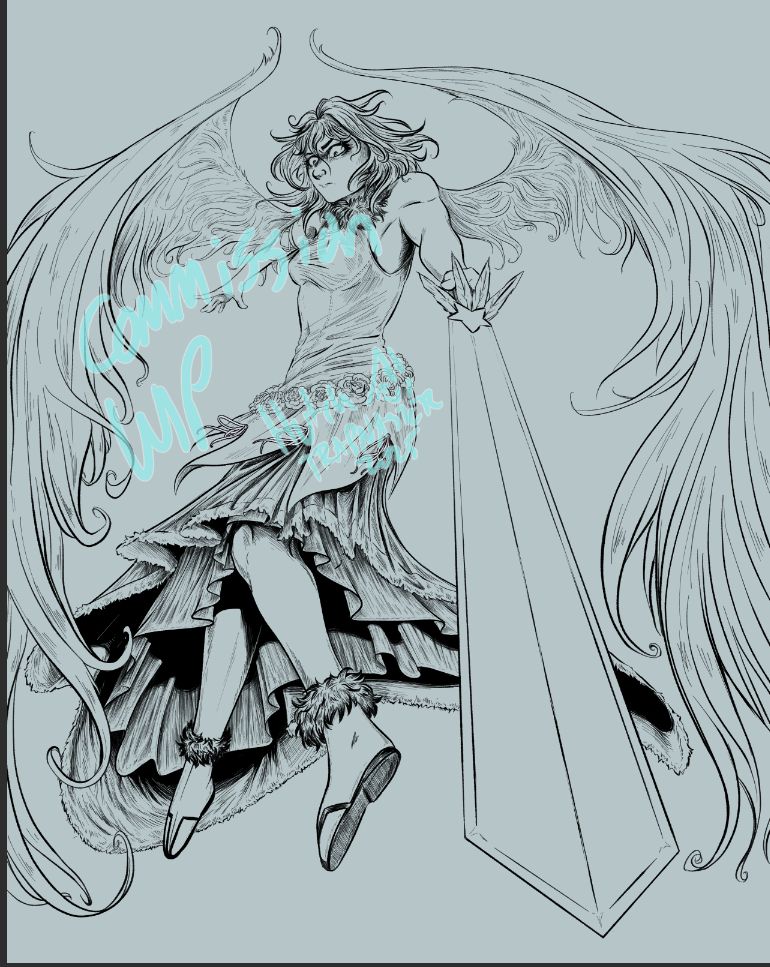 lineart of a commission of engi threepiece from dream eater merry