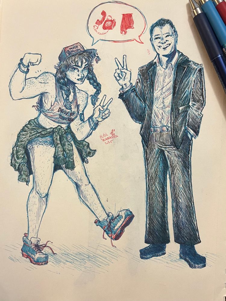 alabama miku, a freckled southern gal with blue-tipped brunet braids, a Trash Pandas hat (north alabama baseball team), a drive by truckers shirt tied up in a crop, and a camo jacket tied around her waist. she’s throwing up a peace sign next to alexander shunnarah, a lawyer in a suit. he’s the local billboard guy. call me, alabama!