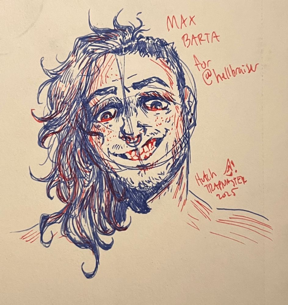 a blue and red pen sketch of @hellbraiser’s oc, max