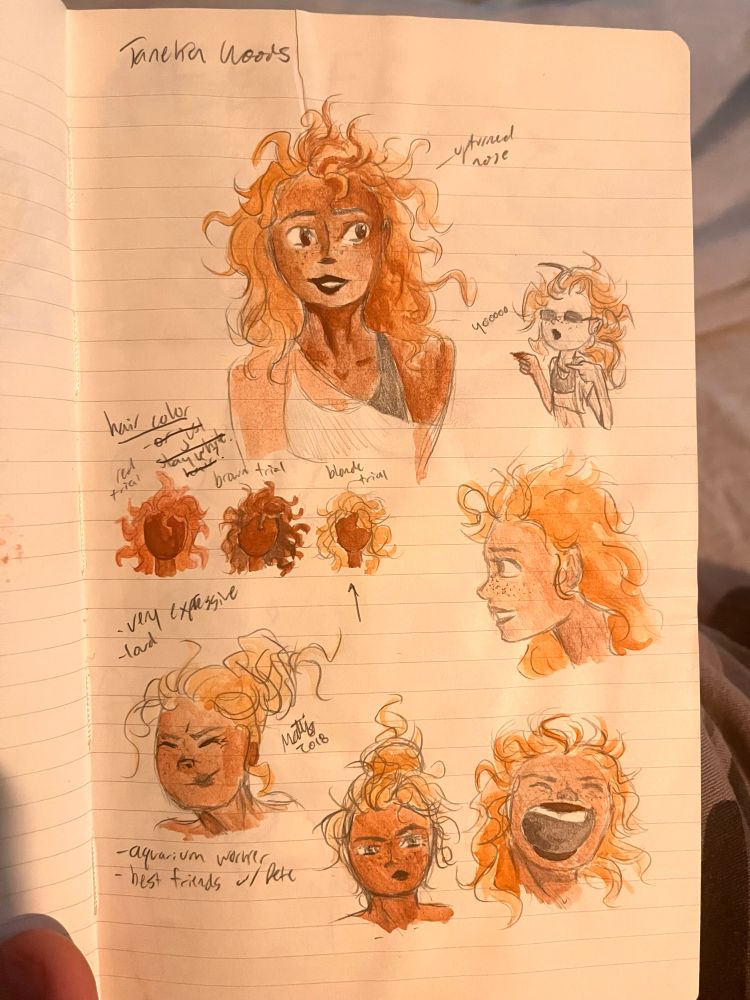 a concept sketch page of a black woman with curly red-blonde hair. 2018