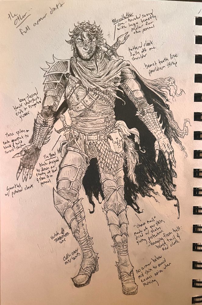an inked drawing of my oc, the Other (he/him), wearing full armor and a tattered half-cloak