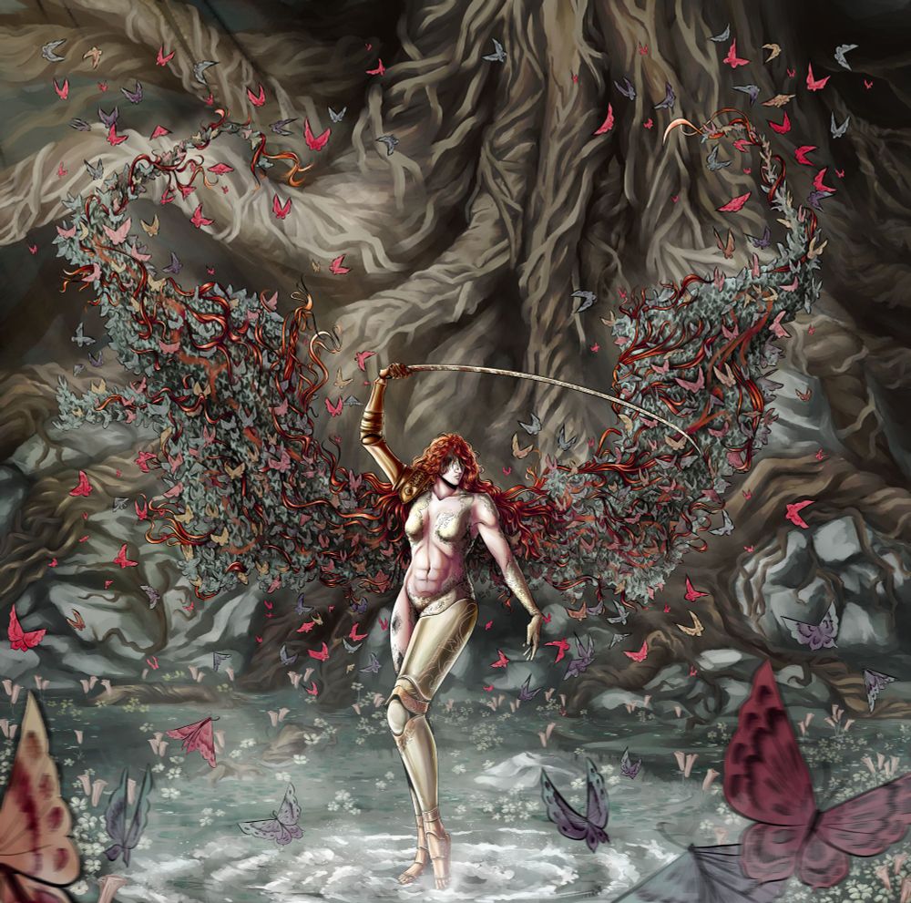 Malenia, Goddess of Rot from Elden Ring. she's in her boss arena, wings spread and sword held over her head, surrounded by butterflies