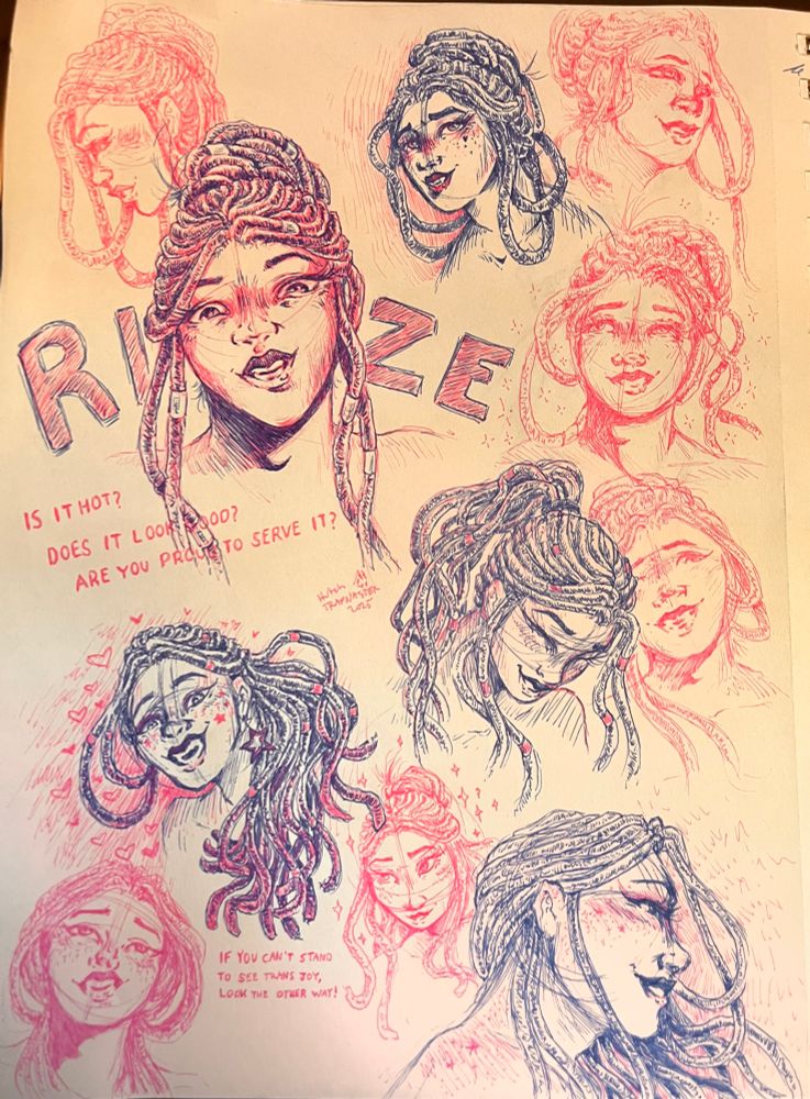 a page full of pen sketches of my oc Rize, a blasian trans woman with her hair in locs, done in pink and blue 