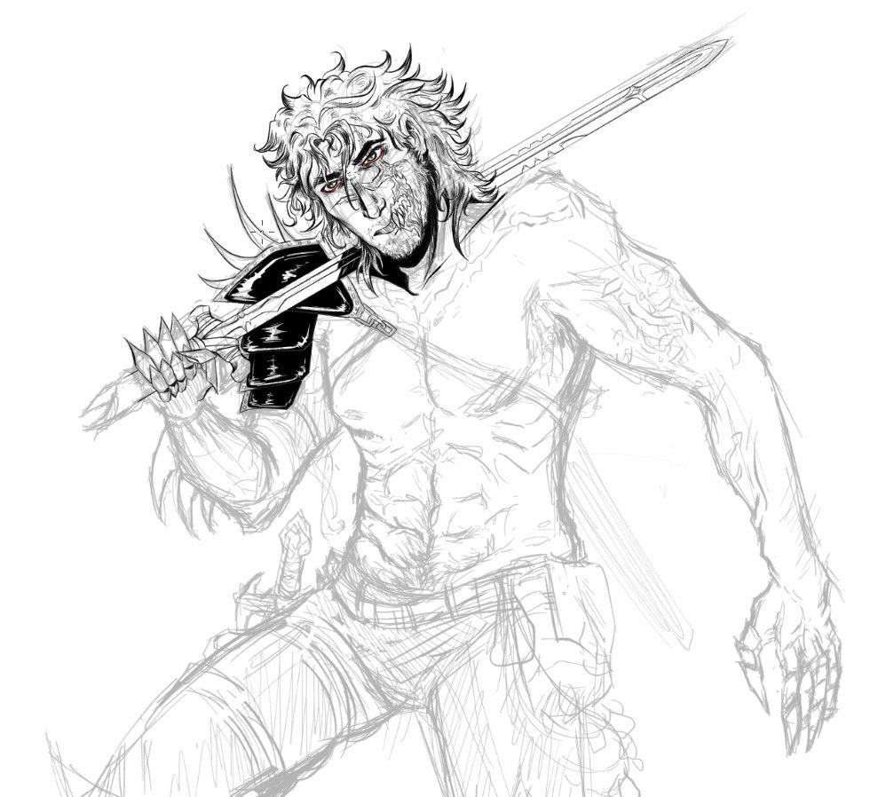sketch WIP of a man with a sword and half his face ripped off 