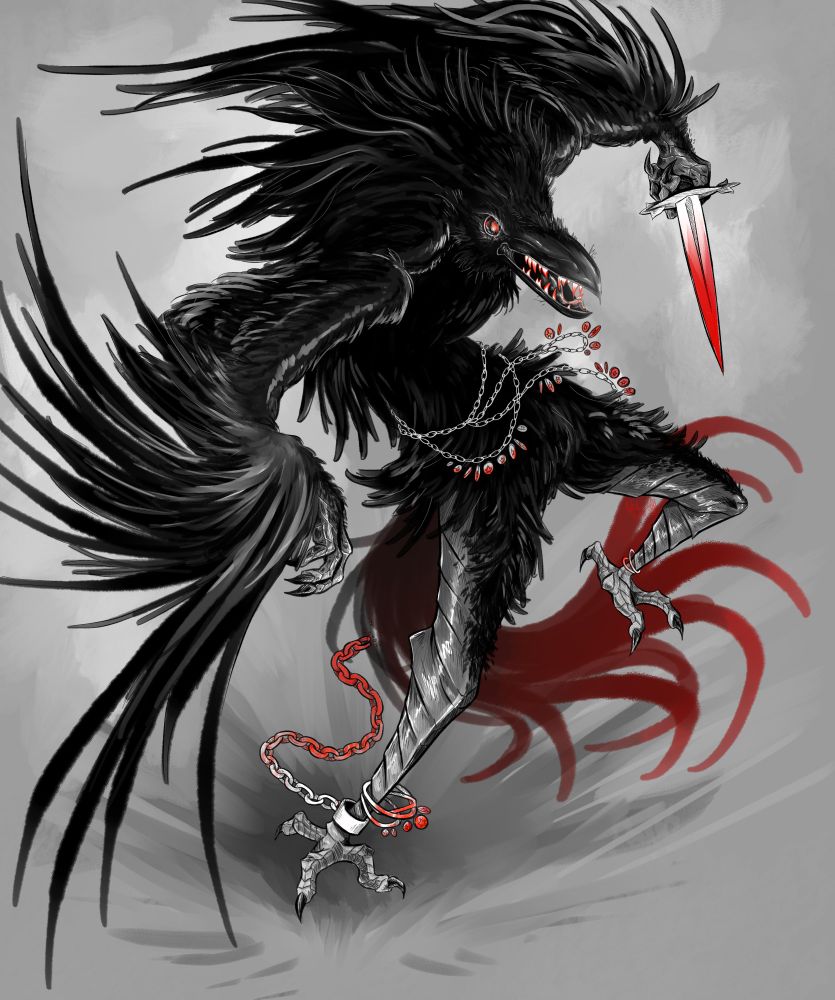 fanart of the player character from the indie game, Slay the Princess. a crow-like figure wielding a knife, coins strung across his waist and a broken chain cuffed to one foot.