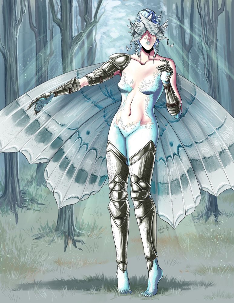 a blue moth fairy with armor on her arms and legs 