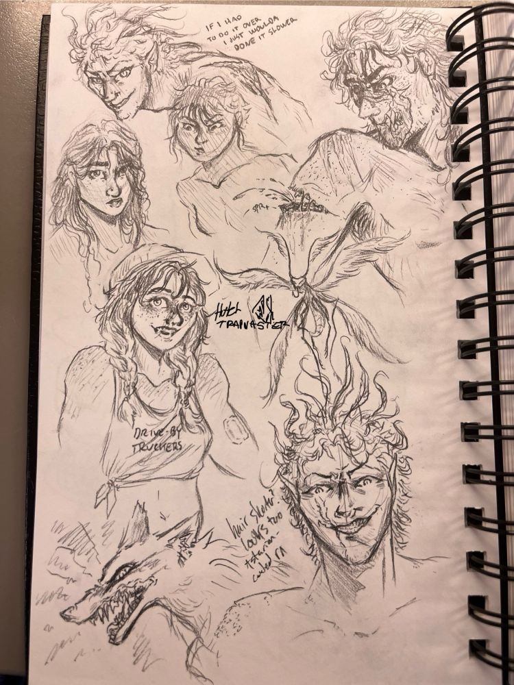 a pencil sketch page that includes art of my ocs, casca from berserk, and a couple monsters 