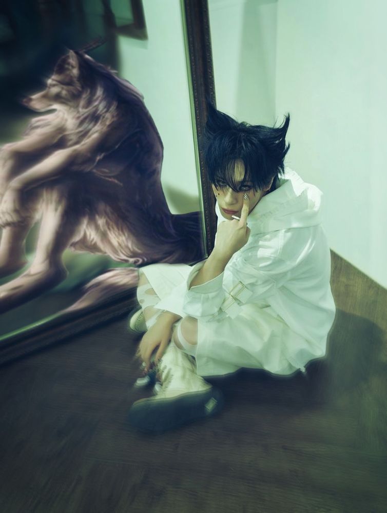 a picture of haru from xlov with the mirror beside him edited intentionally badly to show an alpha wolf 