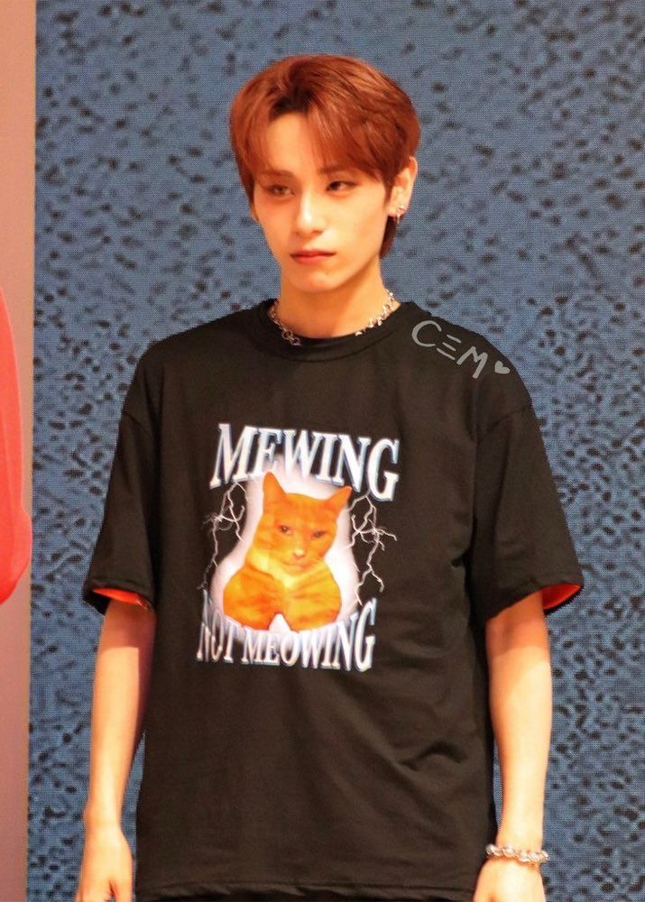 xlov haru wearing a "mewing not meowing" shirt, he is so silly and i love him
