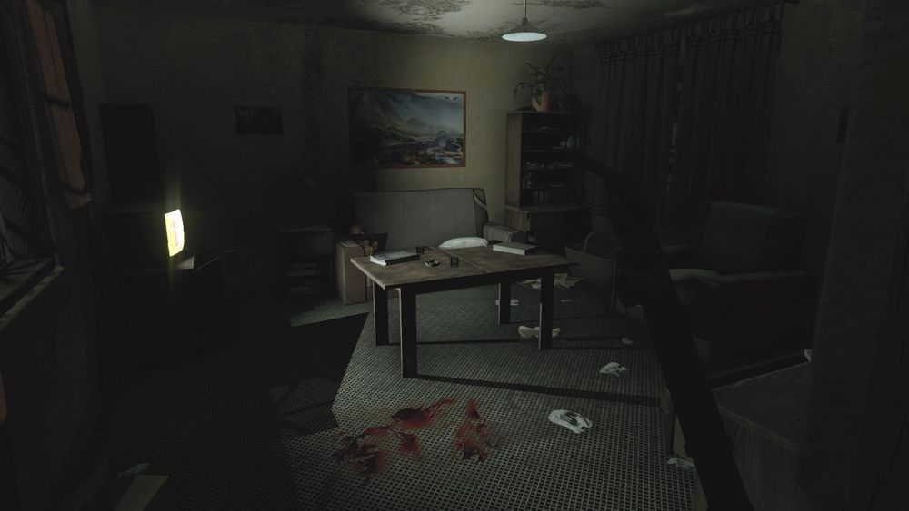 An image of a dark and somewhat messy room illuminated by a television, a small bloodstain is visible on the floor