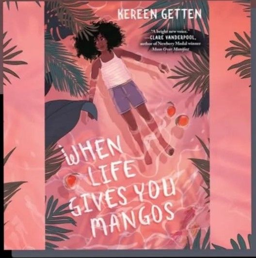 Title: when life gives you mangos
By:Kereen Getten
Picture: young Black girl floating in the shallows of a beach surrounded by palm foliage 