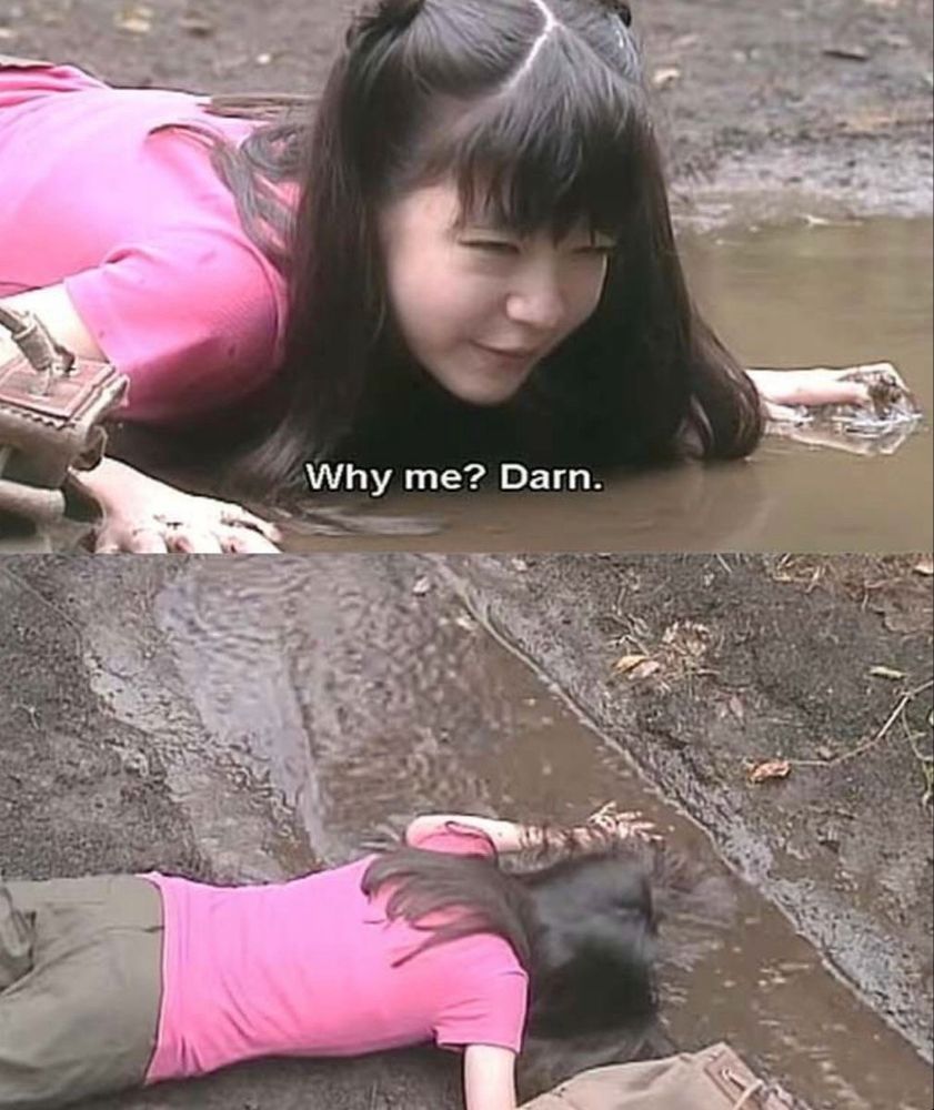 a girl with black hair bangs and ponytails wearing a pink shirt falls into a muddy puddle and says “why me? Darn” and then face plants into the muddy water