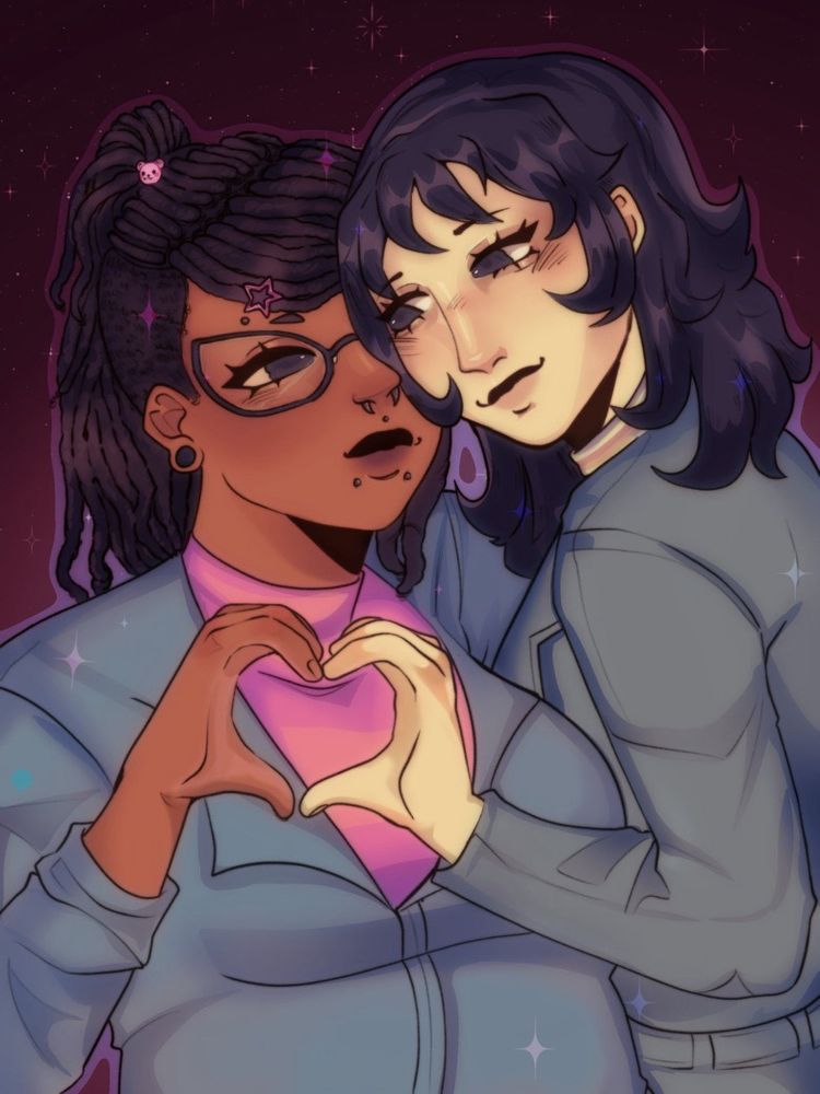 a shaded colored illustration of salem bear gazing lovingly into the eyes of Anya from the game mouthwashing as they are pressed together and making a heart with their hands together 