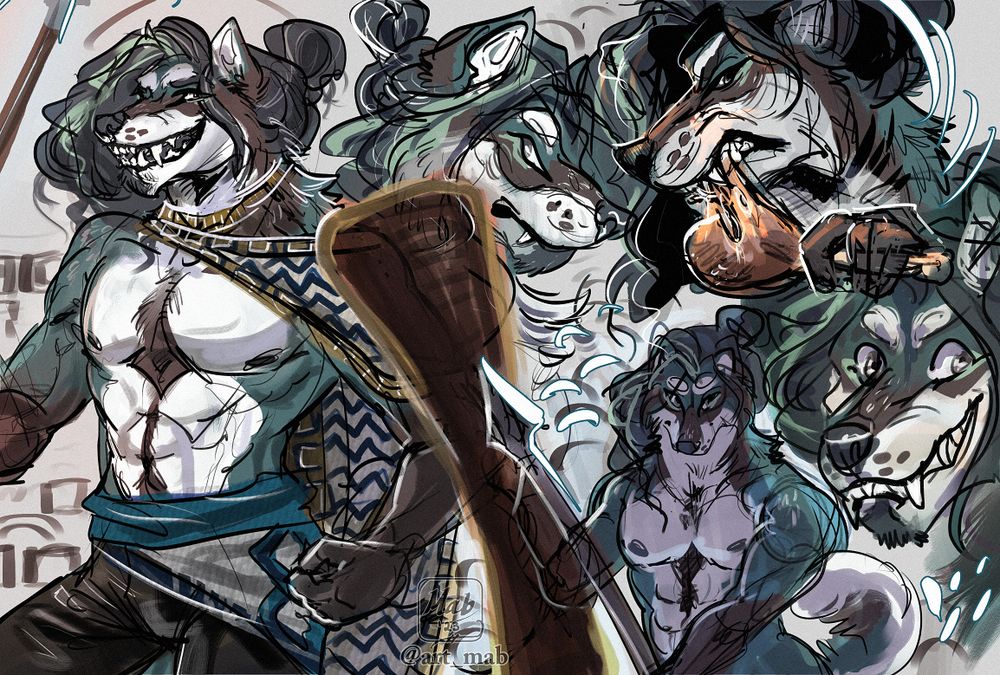 Sketchpage by MAB - Several sketches of an anthro husky with teal fur, a white front, and brown highlights with seafoam streaks in his hair, in various poses - Grinning with a spear in leather pants and a cloak, smoldering over his shoulder, tearing at a turkey leg, brandishing a spear menacingly, and grinning like an idiot with his sharpo teeth on display
