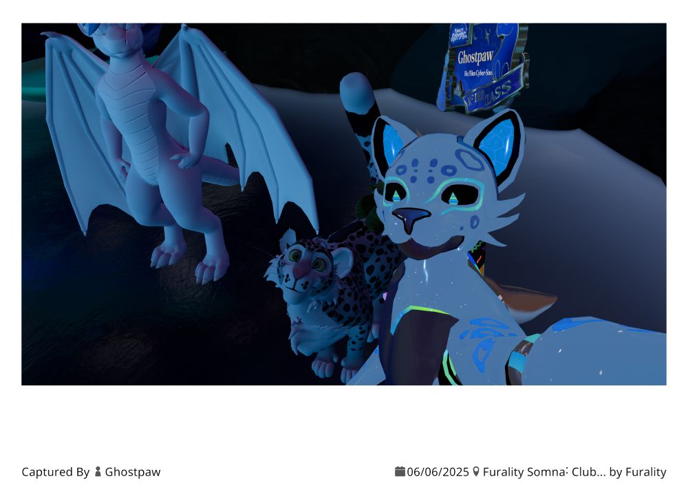 Furality Somna's Club F.Y.N.N. ! Opal Snepbot, a glittery white anthro leopard robot with lots of glowing bits, taking a selfie with A BIG SNOW LEOPARD