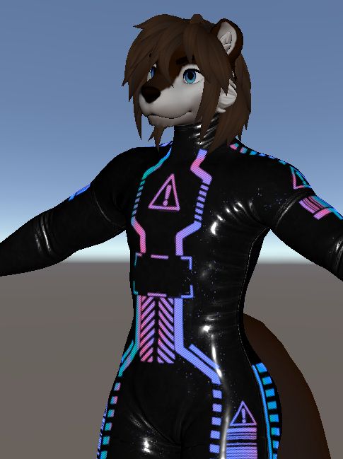 VRChat avatar in Unity; An otter with messy hair wearing a catsuit with purple and blue glowing warning markers. 
