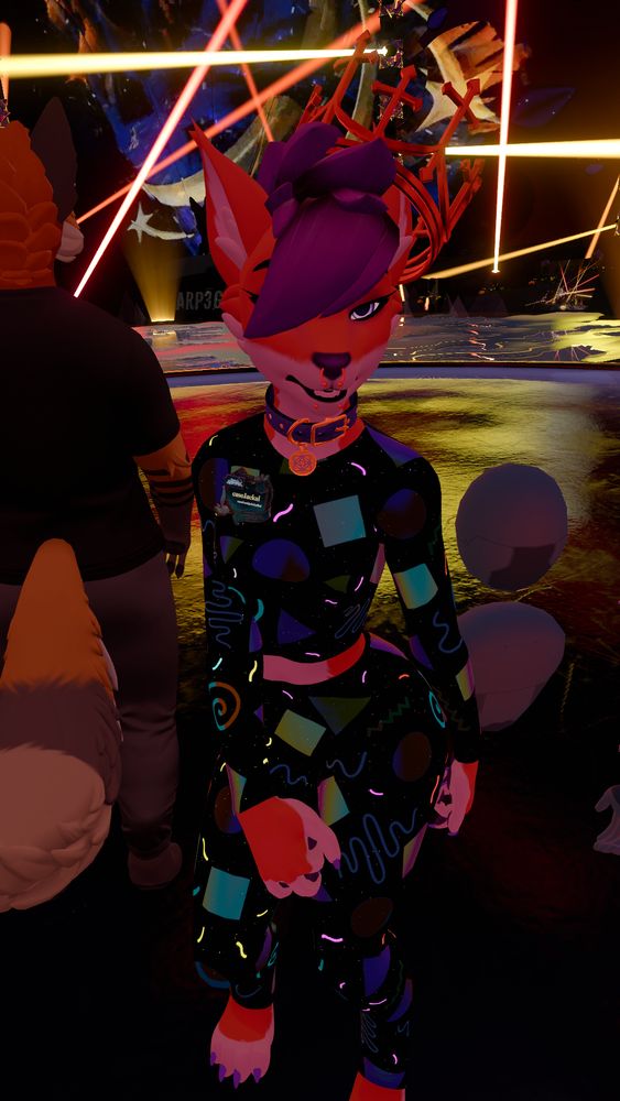 Furality Somna's Club F.Y.N.N. ! Case, an anthro jackal AV, wearing an awesome glowing arcade-carpet bodysuit and a big crown