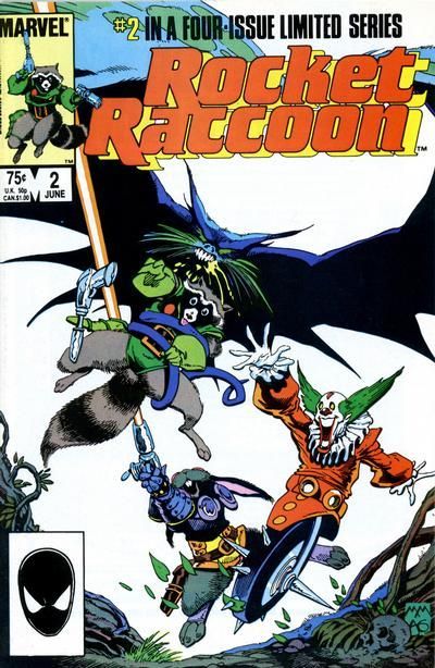 A cover from the second issue of Rocket Raccoon, featuring Rocket, a giant bat, a rabbit, and a terrifying uni-clown.

Seriously, this run was so magnificent. 