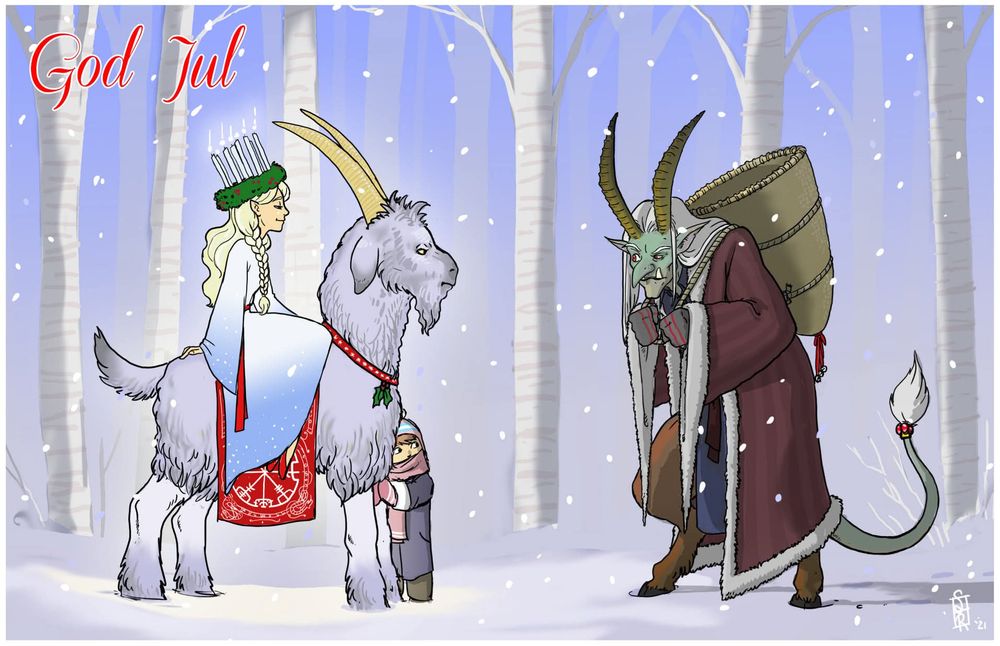 A snowy forest with aspen trees, a glowing Lucia tomten-esque lady with a wreath of holly and candle on her blonde head, riding side saddle on a goat.

A scared-looking kid hides from a Krampus. My phinevis dying.