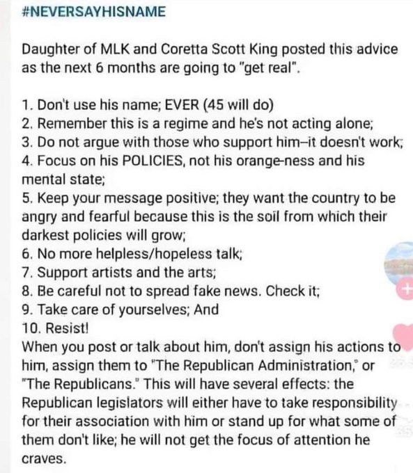 1. Don't use his name; EVER (45 will do)
2. Remember this is a regime and he's not acting alone
3. Do not argue with those who support him—it doesn't work
4. Focus on his POLICIES, not his orange-ness and his mental state
5. Keep your message positive; they want the country to be angry and fearful because this is the soil from which their darkest policies will grow:
6. No more helpless/hopeless talk
7. Support artists and the arts
8. Be careful not to spread fake news. Check it
9. Take care of yourselves
10. Resist!
Assign Actions to "The Republican Administration" or "The Republicans" Republican legislatures will either have to take responsibility for their association with him or stand up for what some of them don't like; he will not get the focus of attention he craves