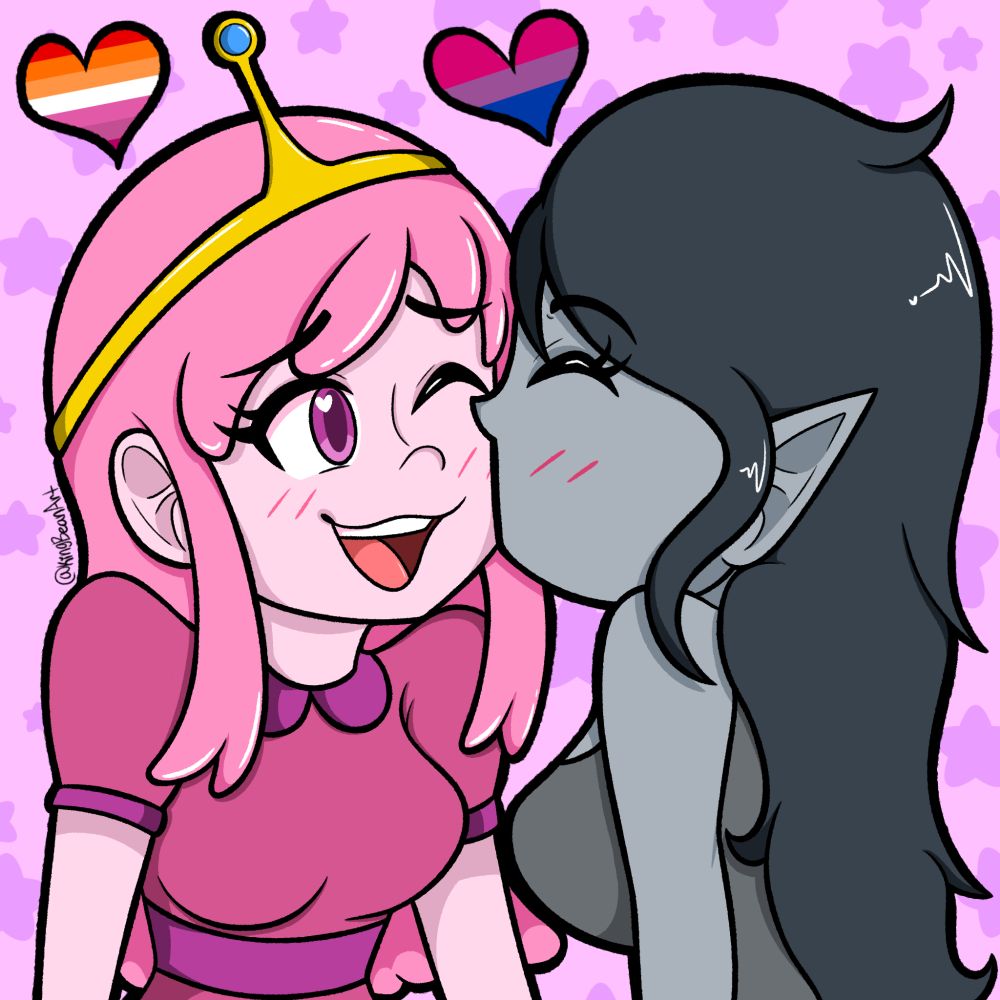 Princess bubblegum and marceline with lesbian and bi pride hearts 
