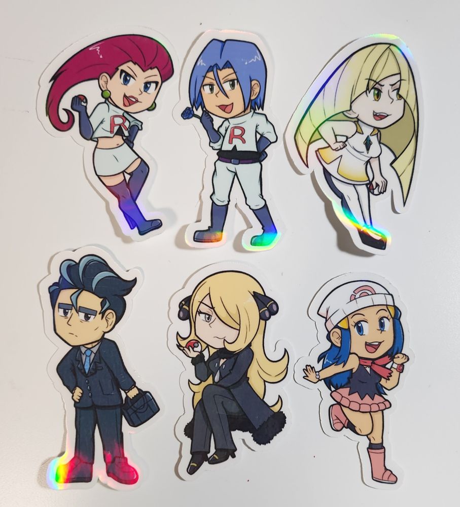 Holographic die cut stickers of various pokemon trainer characters 