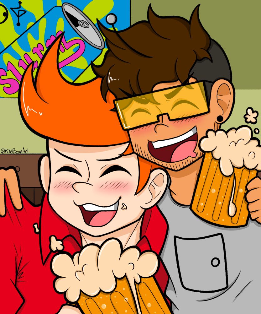 Fry and Bender from futurama sharing a beer together, Bender is a human in this drawing, he's been redesigned by me to make him look more Mexican because his official human design bothers me lol