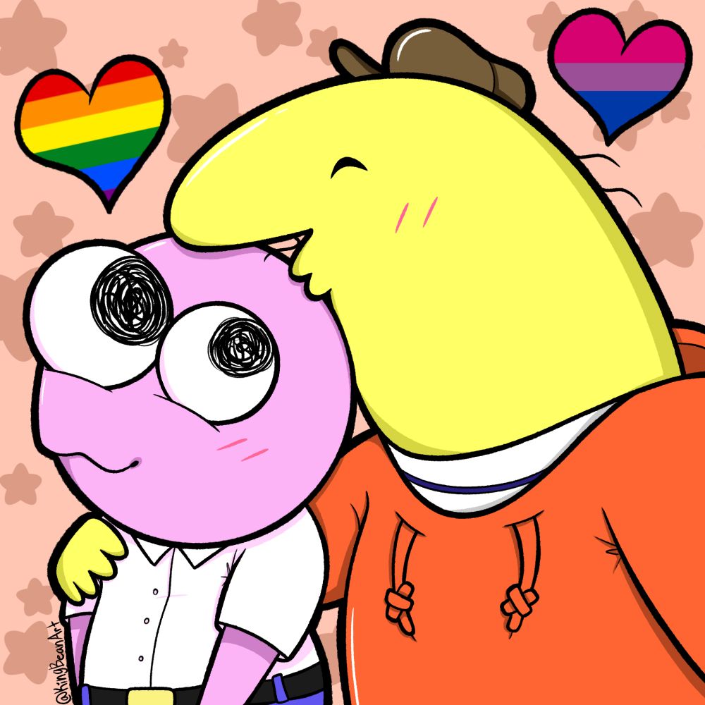 Pim and Charlie hugging with gay and bi pride hearts 